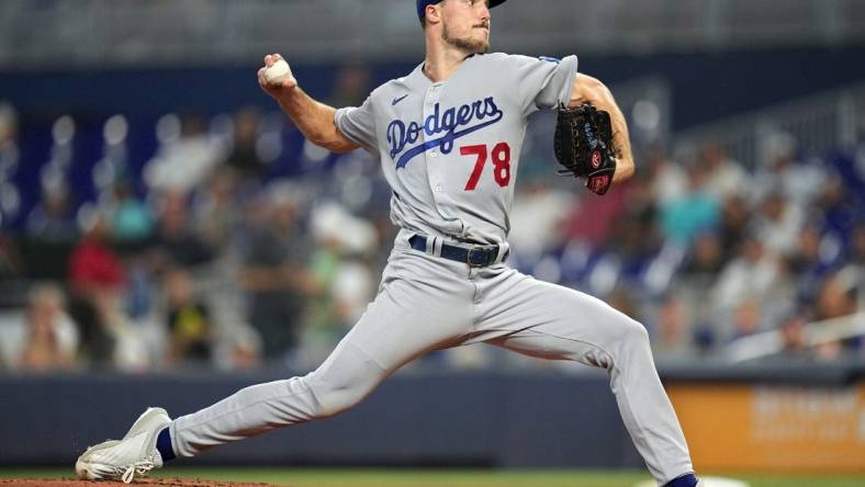 Aug 29, 2022; Miami, Florida, USA; Los Angeles Dodgers starting pitcher Michael Grove (78) delivers against the Miami Marlins in the first inning at loanDepot Park. Mandatory Credit: Jim Rassol-USA TODAY Sports