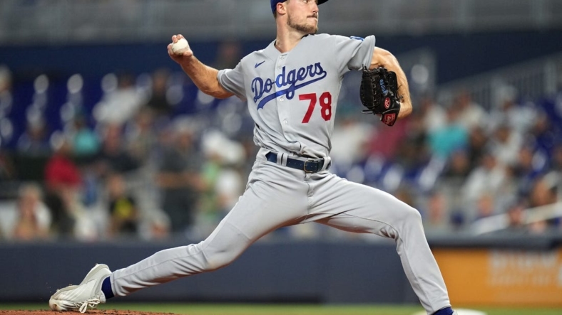 Aug 29, 2022; Miami, Florida, USA; Los Angeles Dodgers starting pitcher Michael Grove (78) delivers against the Miami Marlins in the first inning at loanDepot Park. Mandatory Credit: Jim Rassol-USA TODAY Sports