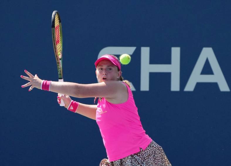 Aug 30, 2022; Flushing, NY, USA; Jelena Ostapenko of Latvia hits a shot against Qinwen Zheng of China on day two of the 2022 U.S. Open tennis tournament at USTA Billie Jean King National Tennis Center. Mandatory Credit: Jerry Lai-USA TODAY Sports