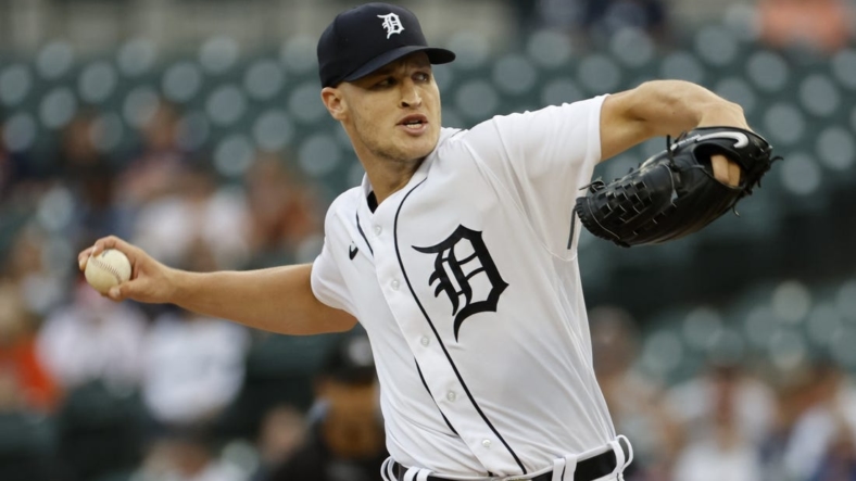 Aug 30, 2022; Detroit, Michigan, USA; Detroit Tigers starting pitcher Matt Manning (25) throws a pitch in the first inning against the Seattle Mariners at Comerica Park. Mandatory Credit: Rick Osentoski-USA TODAY Sports
