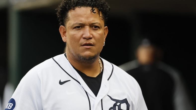 Aug 30, 2022; Detroit, Michigan, USA; Detroit Tigers designated hitter Miguel Cabrera (24) looks on from the dugout in the first inning against the Seattle Mariners at Comerica Park. Mandatory Credit: Rick Osentoski-USA TODAY Sports