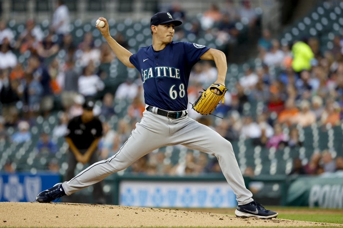 DETROIT, MI - AUGUST 30: Seattle Mariners starting pitcher George Kirby  (68) pitches in the third inning during the Detroit Tigers versus the  Seattle Mariners on Tuesday August 30, 2022 at Comerica