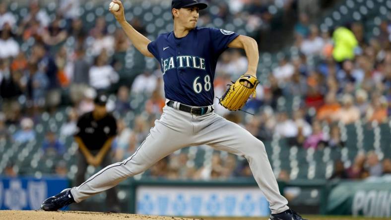 Aug 30, 2022; Detroit, Michigan, USA; Seattle Mariners starting pitcher George Kirby (68) throws a pitch in the first inning against the Detroit Tigers at Comerica Park. Mandatory Credit: Rick Osentoski-USA TODAY Sports