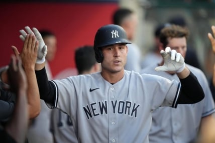 Aug 30, 2022; Anaheim, California, USA; New York Yankees first baseman Anthony Rizzo (48) celebrates after hitting a solo home run in the second inning as Los Angeles Angels catcher Max Stassi (33) wqtches at Angel Stadium. Mandatory Credit: Kirby Lee-USA TODAY Sports