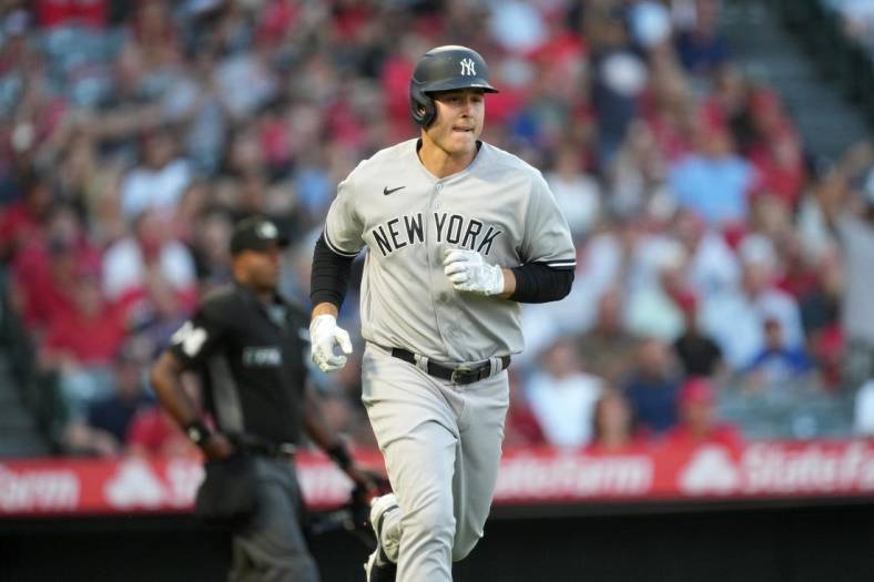 Aug 30, 2022; Anaheim, California, USA; New York Yankees first baseman Anthony Rizzo (48) rounds the bases after hitting a solo home run in the second inning against the Los Angeles Angels at Angel Stadium. Mandatory Credit: Kirby Lee-USA TODAY Sports