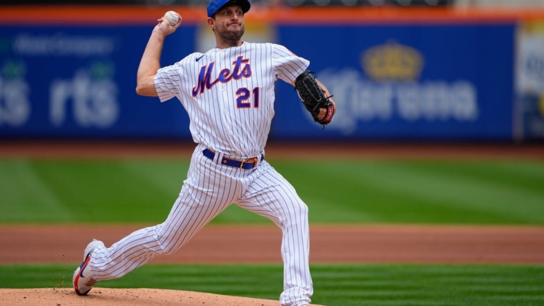 Aug 28, 2022; New York City, New York, USA; New York Mets pitcher Max Scherzer (21) delivers a pitch against the Colorado Rockies during the first inning at Citi Field. Mandatory Credit: Gregory Fisher-USA TODAY Sports