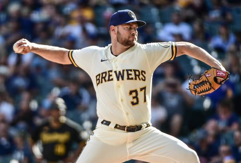 Aug 31, 2022; Milwaukee, Wisconsin, USA; Milwaukee Brewers pitcher Adrian Houser (37) throws a pitch in the eighth inning against the Pittsburgh Pirates at American Family Field. Mandatory Credit: Benny Sieu-USA TODAY Sports
