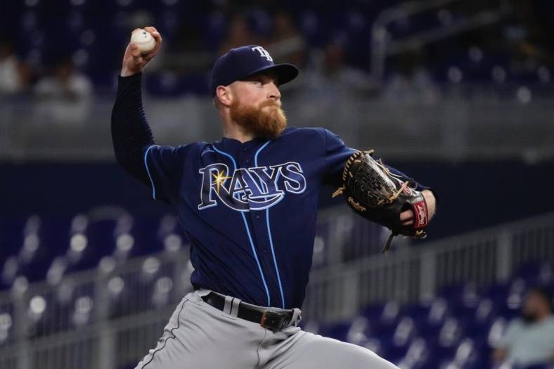 Aug 31, 2022; Miami, Florida, USA; Tampa Bay Rays starting pitcher Drew Rasmussen (57) delivers a pitch in the first inning against the Miami Marlins at loanDepot park. Mandatory Credit: Jasen Vinlove-USA TODAY Sports