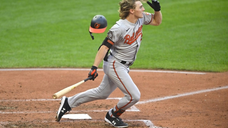 Aug 31, 2022; Cleveland, Ohio, USA; Baltimore Orioles third baseman Gunnar Henderson (2) hits a solo home run in the fourth inning against the Cleveland Guardians at Progressive Field. Mandatory Credit: David Richard-USA TODAY Sports