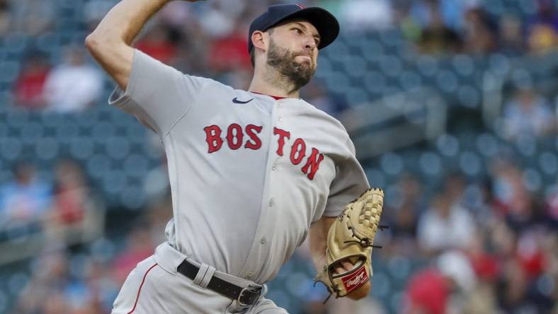 Aug 31, 2022; Minneapolis, Minnesota, USA; Boston Red Sox starting pitcher Michael Wacha (52) throws a pitch against the Minnesota Twins in the second inning at Target Field. Mandatory Credit: Bruce Kluckhohn-USA TODAY Sports