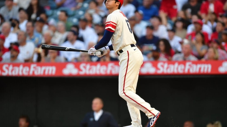 Aug 31, 2022; Anaheim, California, USA; Los Angeles Angels designated hitter Shohei Ohtani (17) at bat against the New York Yankees during the first inning  at Angel Stadium. Mandatory Credit: Gary A. Vasquez-USA TODAY Sports