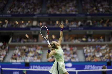 Aug 31, 2022; Flushing, NY, USA; Anett Kontaveit (EST) serves against Serena Williams (USA) (not pictured) on day three of the 2022 U.S. Open tennis tournament at USTA Billie Jean King Tennis Center. Mandatory Credit: Geoff Burke-USA TODAY Sports