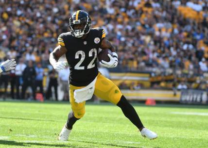 Aug 28, 2022; Pittsburgh, Pennsylvania, USA;  Pittsburgh Steelers running back Najee Harris (22) runs against the Detroit Lions during the first quarter at Acrisure Stadium. Mandatory Credit: Philip G. Pavely-USA TODAY Sports