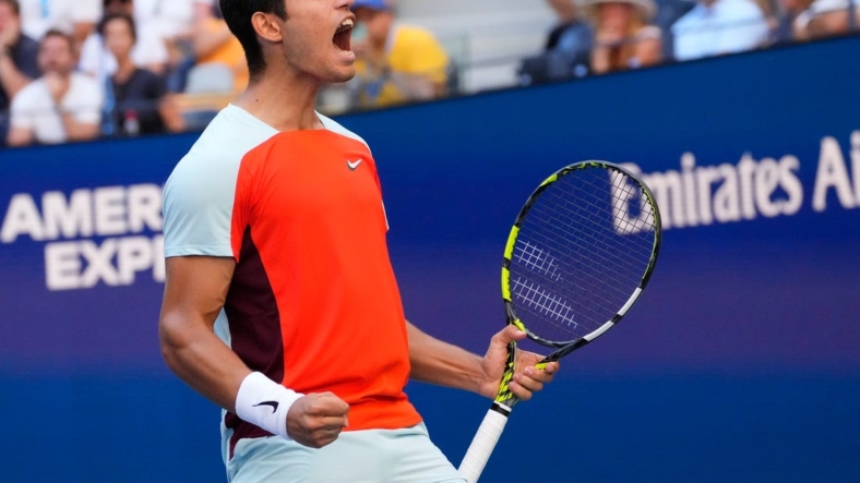Sept 1, 2022; Flushing, NY, USA;  Carlos Alcaraz of Spain after beating Federico Coria of Argentina on day four of the 2022 U.S. Open tennis tournament at USTA Billie Jean King National Tennis Center. Mandatory Credit: Robert Deutsch-USA TODAY Sports