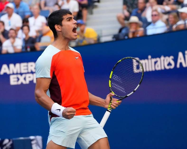Sept 1, 2022; Flushing, NY, USA;  Carlos Alcaraz of Spain after beating Federico Coria of Argentina on day four of the 2022 U.S. Open tennis tournament at USTA Billie Jean King National Tennis Center. Mandatory Credit: Robert Deutsch-USA TODAY Sports