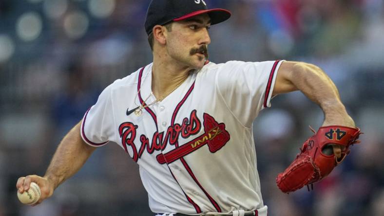 Sep 1, 2022; Cumberland, Georgia, USA; Atlanta Braves starting pitcher Spencer Strider (65) pitches against the Colorado Rockies during the first inning at Truist Park. Mandatory Credit: Dale Zanine-USA TODAY Sports