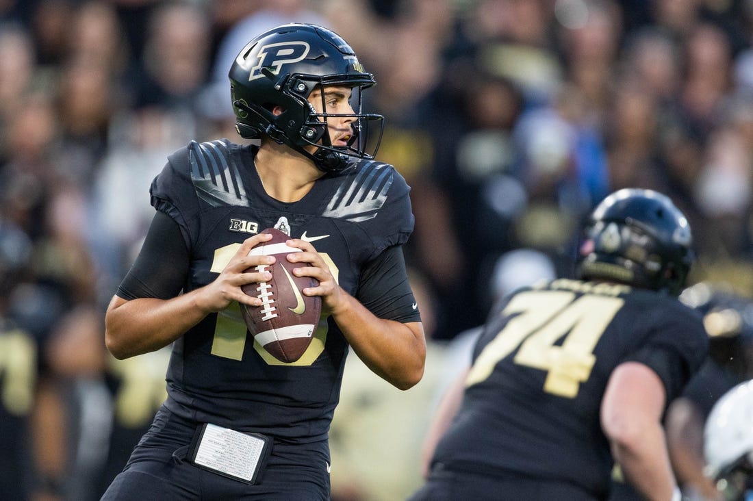 Sep 1, 2022; West Lafayette, Indiana, USA;  Purdue Boilermakers quarterback Aidan O'Connell (16) passes the ball in the first quarter against the Penn State Nittany Lions  at Ross-Ade Stadium. Mandatory Credit: Trevor Ruszkowski-USA TODAY Sports