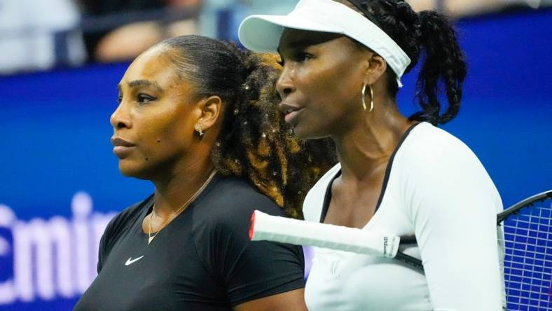 Sept 1, 2022; Flushing, NY, USA;  Serena Williams and Venus Williams of the USA play Lucie Hradecka and Linda Noskova of the Czech Republic in Woman's Doubles on day four of the 2022 U.S. Open tennis tournament at USTA Billie Jean King National Tennis Center. Mandatory Credit: Robert Deutsch-USA TODAY Sports