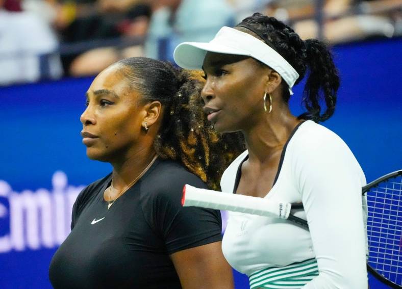 Sept 1, 2022; Flushing, NY, USA;  Serena Williams and Venus Williams of the USA play Lucie Hradecka and Linda Noskova of the Czech Republic in Woman's Doubles on day four of the 2022 U.S. Open tennis tournament at USTA Billie Jean King National Tennis Center. Mandatory Credit: Robert Deutsch-USA TODAY Sports