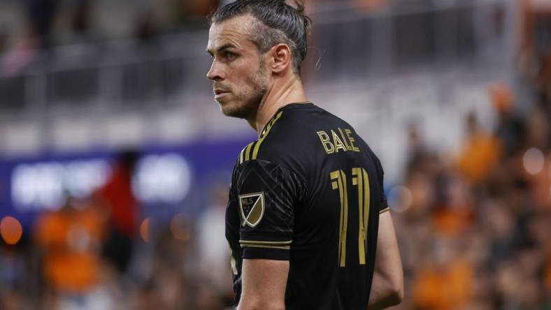 Aug 31, 2022; Houston, Texas, USA; Los Angeles FC forward Gareth Bale (11) reacts during the match against the Houston Dynamo FC at PNC Stadium. Mandatory Credit: Troy Taormina-USA TODAY Sports