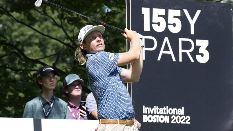 Sep 1, 2022; Boston, Massachusetts, USA; Cameron Smith hits tee shot on hole 13 during the Pro-Am round of the LIV Golf tournament at The International. Mandatory Credit: Richard Cashin-USA TODAY Sports