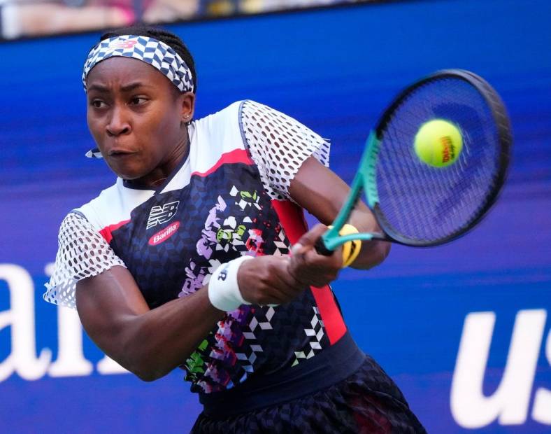 Sept 2, 2022; Flushing, NY, USA; Coco Gauff of the USA hits to Madison Keys of the USA on day five of the 2022 U.S. Open tennis tournament at USTA Billie Jean King National Tennis Center. Mandatory Credit: Robert Deutsch-USA TODAY Sports