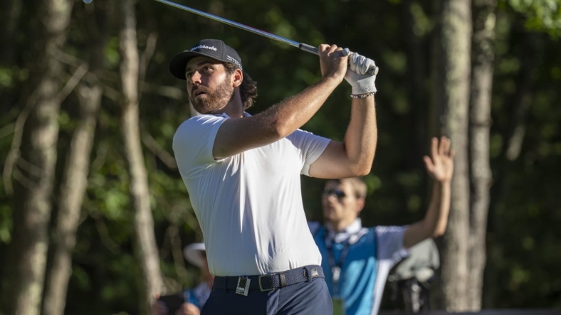 Sep 2, 2022; Boston, Massachusetts, USA; joint leader after the first round Matthew Wolff hitting his tee shot on the 15th hole during the first round of the LIV Golf tournament at The International. Mandatory Credit: Richard Cashin-USA TODAY Sports
