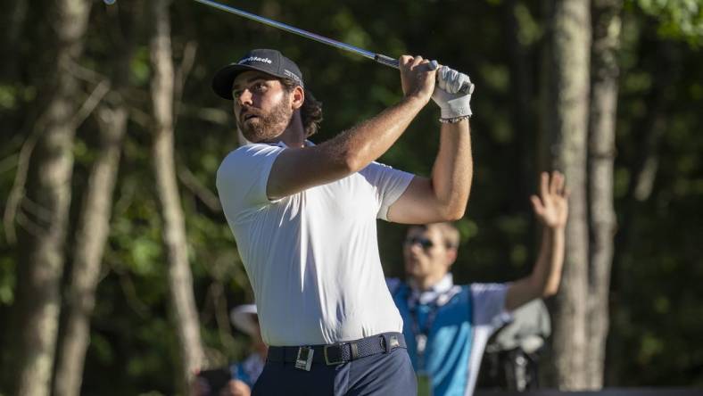 Sep 2, 2022; Boston, Massachusetts, USA; joint leader after the first round Matthew Wolff hitting his tee shot on the 15th hole during the first round of the LIV Golf tournament at The International. Mandatory Credit: Richard Cashin-USA TODAY Sports