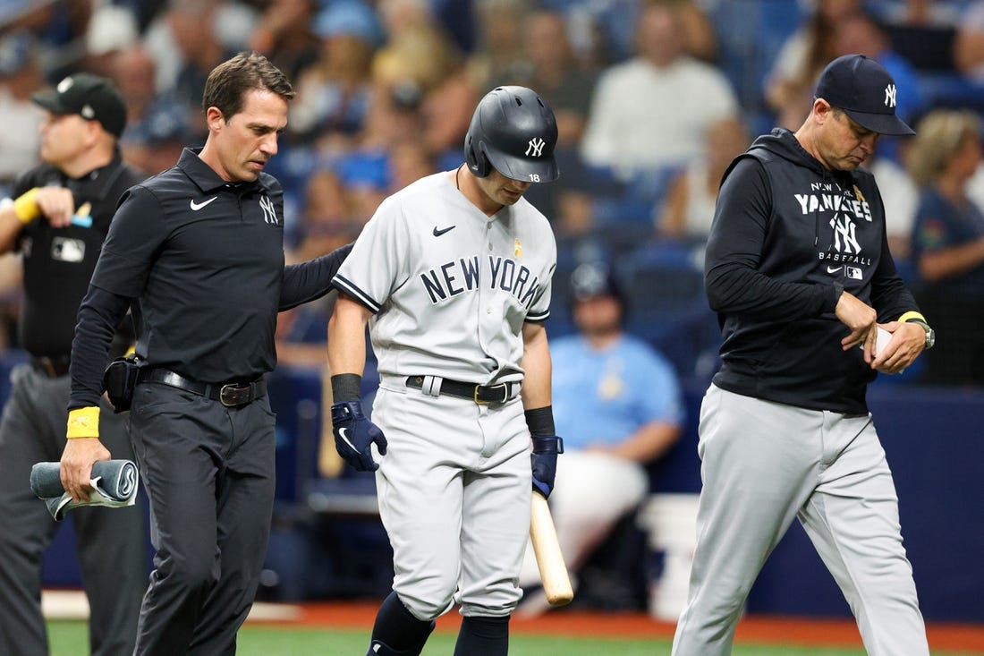 Sep 2, 2022; St. Petersburg, Florida, USA;  New York Yankees left fielder Andrew Benintendi (18) leaves the game during an at bat against the Tampa Bay Rays in the third inning at Tropicana Field. Mandatory Credit: Nathan Ray Seebeck-USA TODAY Sports