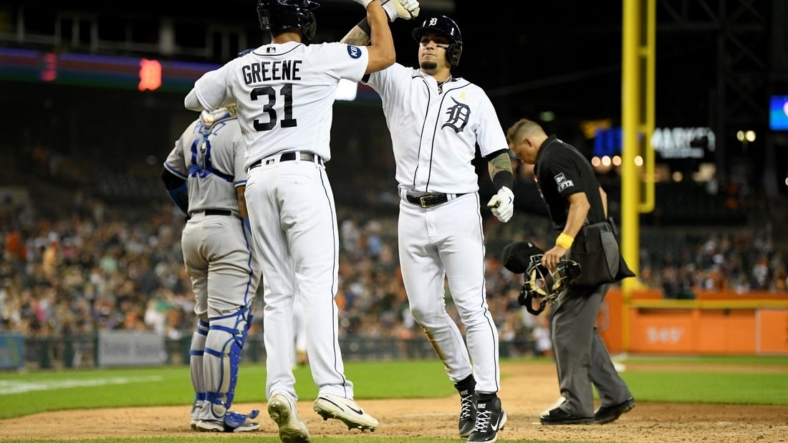 Sep 2, 2022; Detroit, Michigan, USA; Detroit Tigers shortstop Javier Baez (28) (right) celebrates with center fielder Riley Greene (31) after hitting a two-run home run against the Kansas City Royals in the fifth inning at Comerica Park. Mandatory Credit: Lon Horwedel-USA TODAY Sports