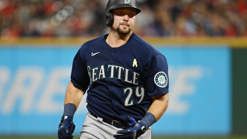 Sep 2, 2022; Cleveland, Ohio, USA; Seattle Mariners catcher Cal Raleigh (29) rounds the bases after hitting a home run during the sixth inning against the Cleveland Guardians at Progressive Field. Mandatory Credit: Ken Blaze-USA TODAY Sports