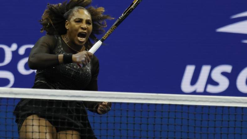 Sep 2, 2022; Flushing, NY, USA; Serena Williams (USA) reacts after winning a point against Ajla Tomljanovic (AUS) (not pictured) on day five of the 2022 U.S. Open tennis tournament at USTA Billie Jean King Tennis Center. Mandatory Credit: Geoff Burke-USA TODAY Sports