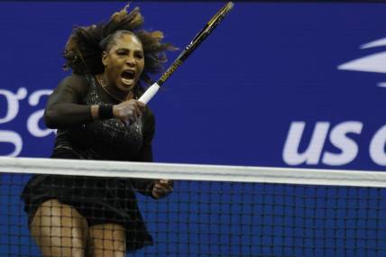 Sep 2, 2022; Flushing, NY, USA; Serena Williams (USA) reacts after winning a point against Ajla Tomljanovic (AUS) (not pictured) on day five of the 2022 U.S. Open tennis tournament at USTA Billie Jean King Tennis Center. Mandatory Credit: Geoff Burke-USA TODAY Sports