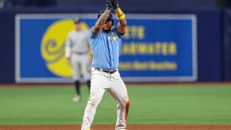 Sep 2, 2022; St. Petersburg, Florida, USA;  Tampa Bay Rays designated hitter Harold Ramirez (43) reacts after hitting a double against the New York Yankees in the eighth inning at Tropicana Field. Mandatory Credit: Nathan Ray Seebeck-USA TODAY Sports