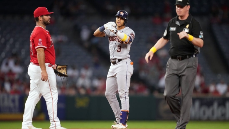 Sep 2, 2022; Anaheim, California, USA; Houston Astros shortstop Jeremy Pena (3) gestures after hitting a run-scoring double in the third inning against the Los Angeles Angels at Angel Stadium. Mandatory Credit: Kirby Lee-USA TODAY Sports