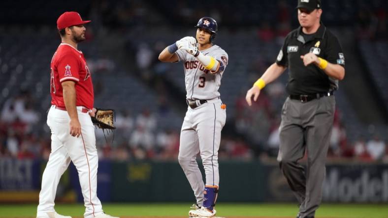 Sep 2, 2022; Anaheim, California, USA; Houston Astros shortstop Jeremy Pena (3) gestures after hitting a run-scoring double in the third inning against the Los Angeles Angels at Angel Stadium. Mandatory Credit: Kirby Lee-USA TODAY Sports