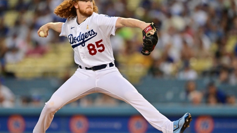 September 2, 2022; Los Angeles, California, USA. Los Angeles Dodgers starting pitcher Dustin May, 85, pitches in his first-round game against the San Diego Padres at his stadium. Mandatory Credit: Jayne Kamin-Oncea-USA TODAY Sports