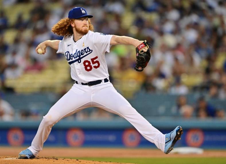 Sep 2, 2022; Los Angeles, California, USA;  Los Angeles Dodgers starting pitcher Dustin May (85) pitches in the first inning against the San Diego Padres at Dodger Stadium. Mandatory Credit: Jayne Kamin-Oncea-USA TODAY Sports