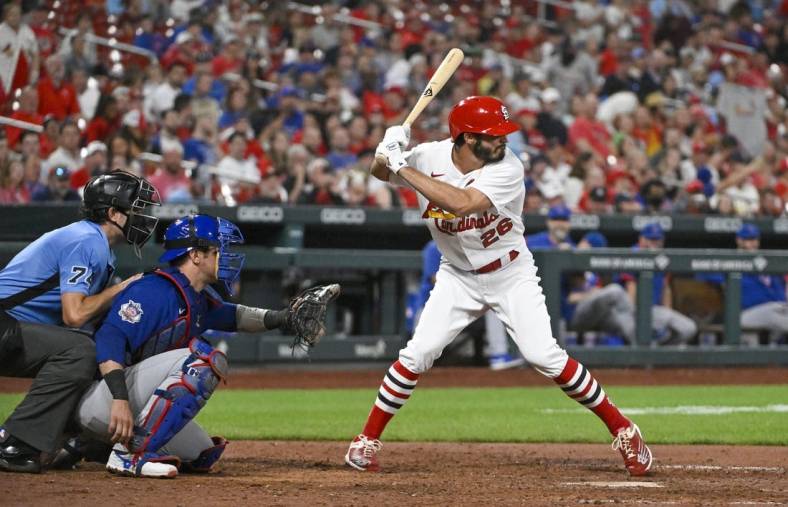 Sep 2, 2022; St. Louis, Missouri, USA;  St. Louis Cardinals pinch hitter Ben DeLuzio (26) bats during his major league debut in the eighth inning against the Chicago Cubs at Busch Stadium. Mandatory Credit: Jeff Curry-USA TODAY Sports