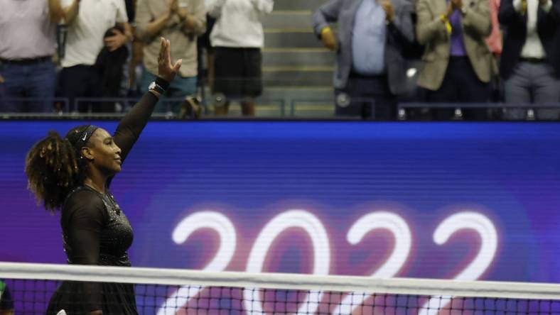 Sep 2, 2022; Flushing, NY, USA; Serena Williams (USA) waves to the crowd after her match against Ajla Tomljanovic (AUS) (not pictured) on day five of the 2022 U.S. Open tennis tournament at USTA Billie Jean King Tennis Center. Mandatory Credit: Geoff Burke-USA TODAY Sports