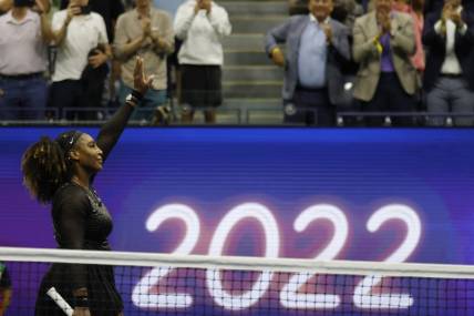 Sep 2, 2022; Flushing, NY, USA; Serena Williams (USA) waves to the crowd after her match against Ajla Tomljanovic (AUS) (not pictured) on day five of the 2022 U.S. Open tennis tournament at USTA Billie Jean King Tennis Center. Mandatory Credit: Geoff Burke-USA TODAY Sports