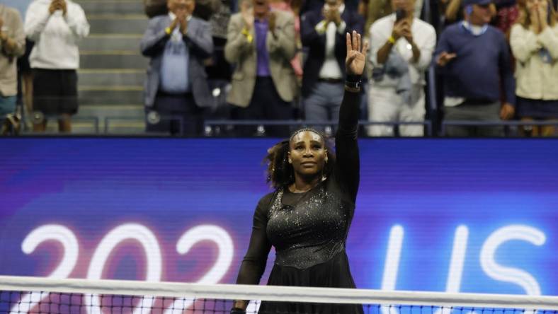 Sep 2, 2022; Flushing, NY, USA; Serena Williams (USA) waves to the crowd after her match against Ajla Tomljanovic (AUS) (not pictured) on day five of the 2022 U.S. Open tennis tournament at USTA Billie Jean King Tennis Center. Mandatory Credit: Geoff Burke-USA TODAY Sports