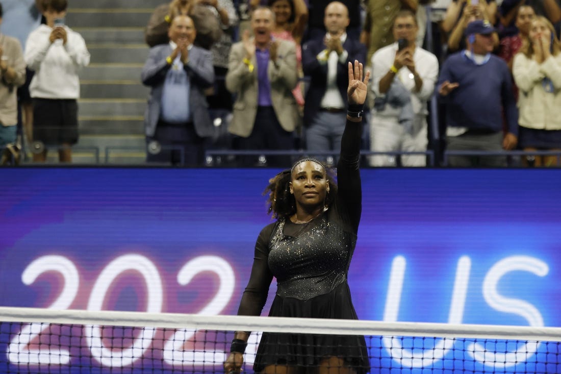 Sep 2, 2022; Flushing, NY, USA; Serena Williams (USA) waves to the crowd after her match against Ajla Tomljanovic (AUS) (not pictured) on day five of the 2022 U.S. Open tennis tournament at USTA Billie Jean King Tennis Center. Mandatory Credit: Geoff Burke-USA TODAY Sports