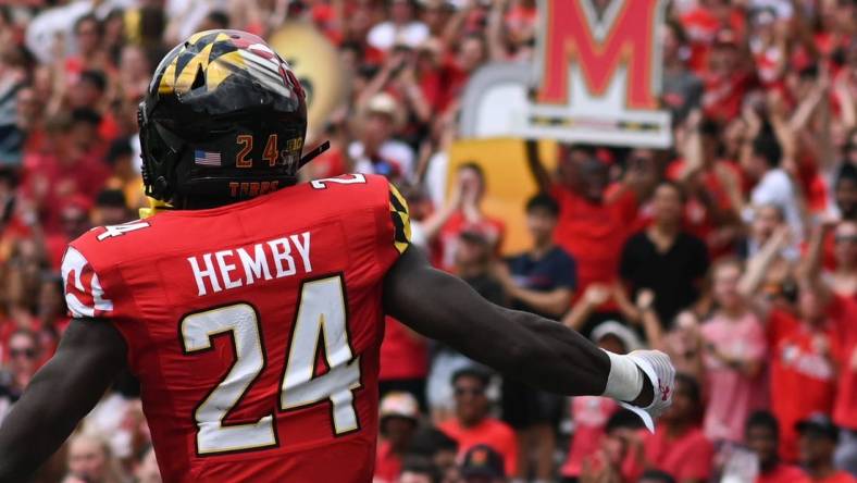 Sep 3, 2022; College Park, Maryland, USA; Maryland Terrapins running back Roman Hemby (24) reacts after running for a first half touchdown against the Buffalo Bulls  at Capital One Field at Maryland Stadium. Mandatory Credit: Tommy Gilligan-USA TODAY Sports