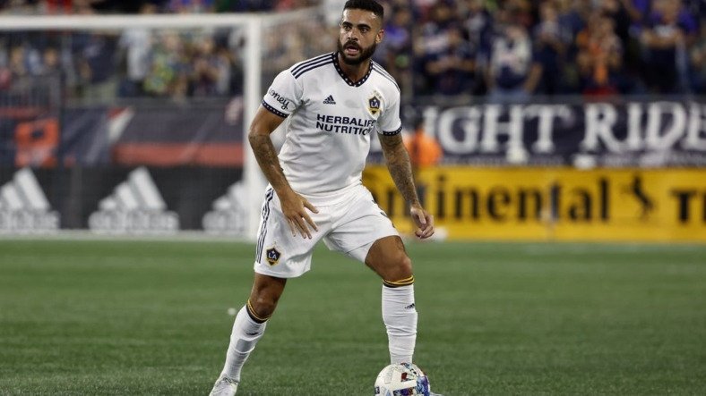 Aug 28, 2022; Foxborough, Massachusetts, USA; Los Angeles Galaxy defender Derrick Williams (3) during the first half against the New England Revolution at Gillette Stadium. Mandatory Credit: Winslow Townson-USA TODAY Sports
