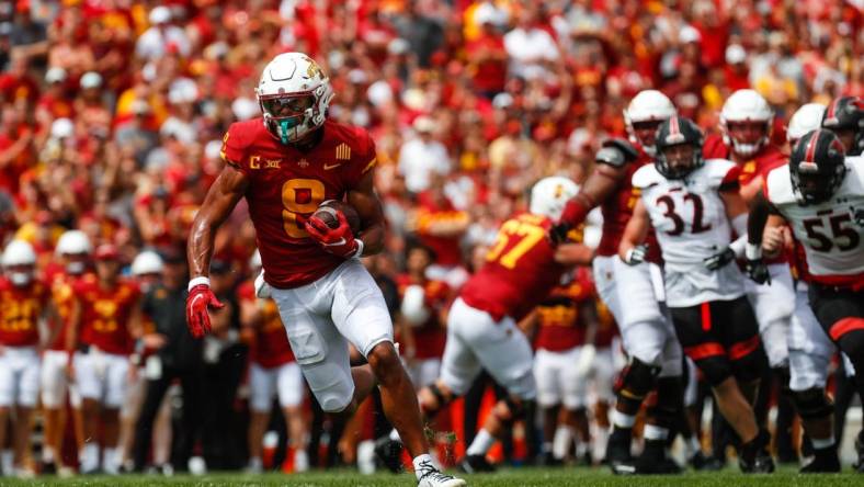 Iowa State wide receiver Xavier Hutchinson (8) runs to the end zone during the Iowa State, Southeast Missouri State game on Saturday, September 3, 2022 at Jack Trice Stadium in Ames, Iowa. The Cyclones are up 21-10 against the Redhawks.