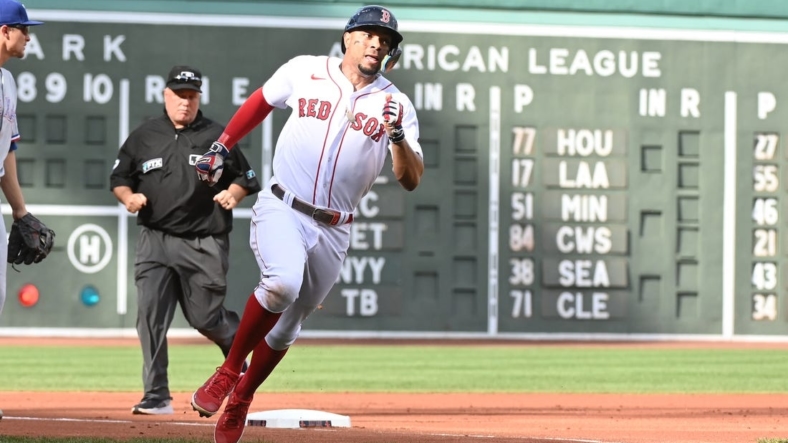 Sep 3, 2022; Boston, Massachusetts, USA; Boston Red Sox shortstop Xander Bogaerts (2) rounds 3rd base at Fenway Park. Mandatory Credit: Eric Canha-USA TODAY Sports