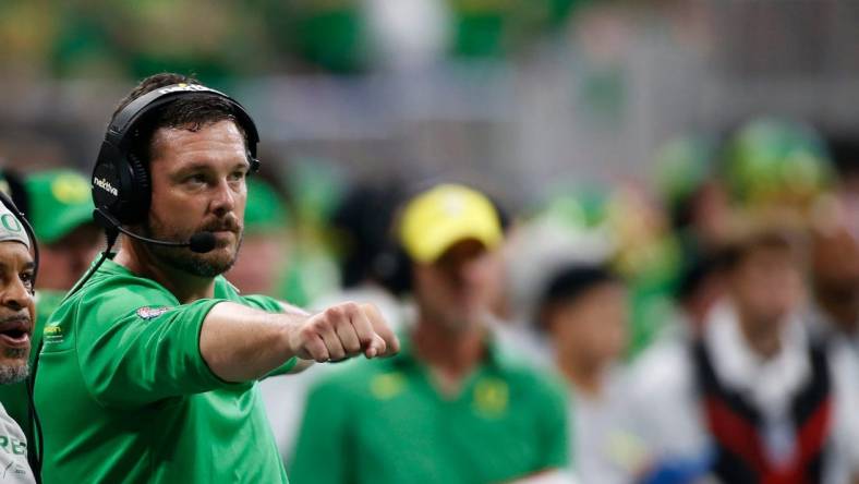 Oregon head coach Dan Lanning on the sideline during the first half of the Chick-fil-A Kickoff NCAA college football game between Oregon and Georgia in Atlanta, on Saturday, Sept. 3, 2022.

News Joshua L Jones