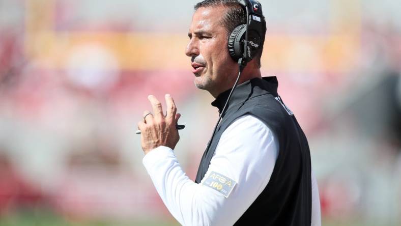 Sep 3, 2022; Fayetteville, Arkansas, USA; Cincinnati Bearcats head coach Luke Fickell during the second quarter against the Arkansas Razorbacks at Donald W. Reynolds Razorback Stadium. Mandatory Credit: Nelson Chenault-USA TODAY Sports