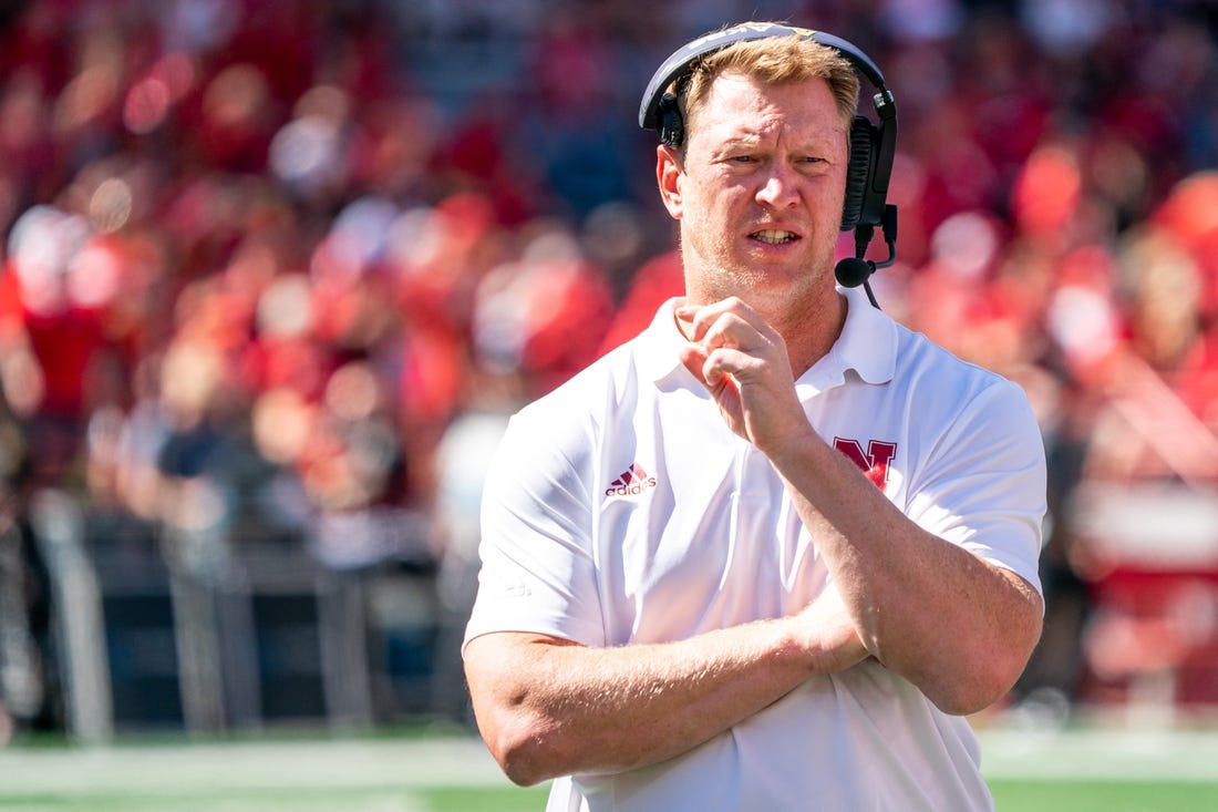 Sep 3, 2022; Lincoln, Nebraska, USA; Nebraska Cornhuskers head coach Scott Frost looks on during a timeout in the second quarter against the North Dakota Fighting Hawks at Memorial Stadium. Mandatory Credit: Dylan Widger-USA TODAY Sports